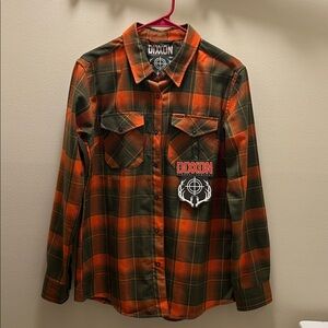 DIXXON Woman’s “Trailblazer” Orange and Green Plaid Button-Down Flannel